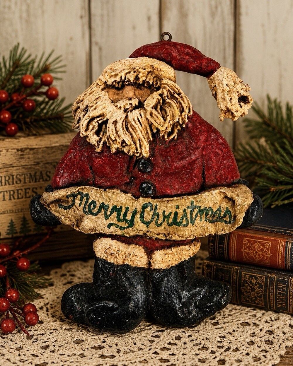 Vintage Primitive Folk Art Santa Merry Christmas Wall Hanging Ornament Handmade
